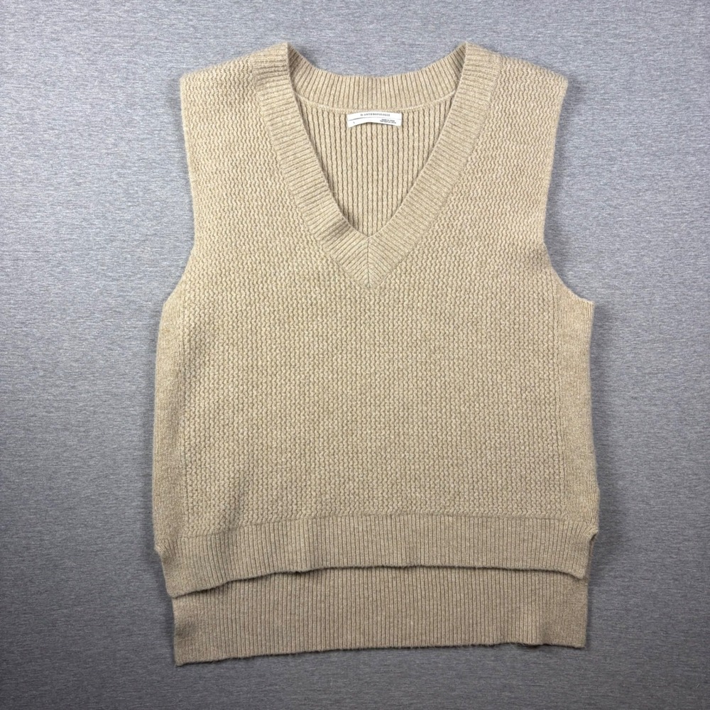 Anthropologie Sweater Vest Womens L Tan Beige V-Neck Waffle Knit Wool Blend